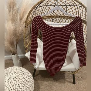 BURGUNDY & WHITE STRIPPED OFF THE SHOULDER BODYSUIT |SMALL